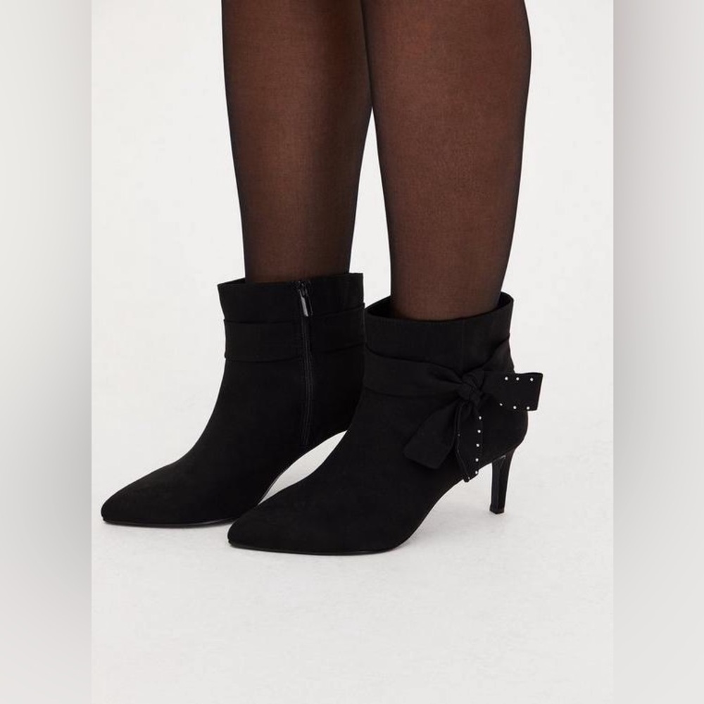 Torrid Black Faux Suede Heeled Booties with Studded Bow | Size 11.5W